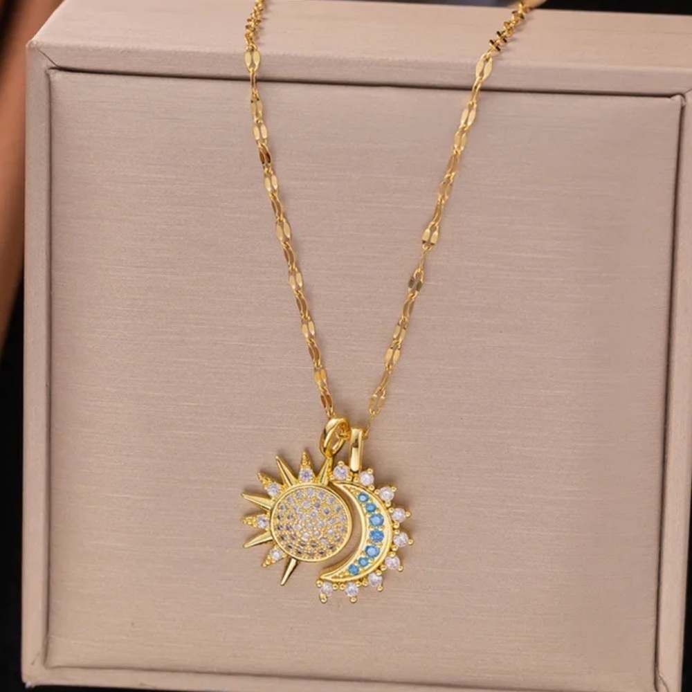 18K Gold Sun & Moon Bohemian Celestial Double Pendant Necklace Pave No Fade